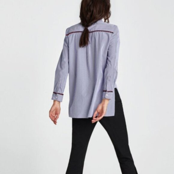 Zara Blue Stripe Shirt w/ Pom-Pom Embellishment - Size Medium - Picture 2 of 15